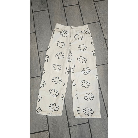 SHEIN White Flower Print Wide Leg Jeans High Waist Casual Pants Women's Large - Picture 1 of 5